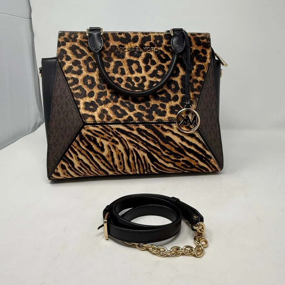Michael Kors Hope Satchel Bag Brown Leopard Tiger Haircalf Leather Mob Wife